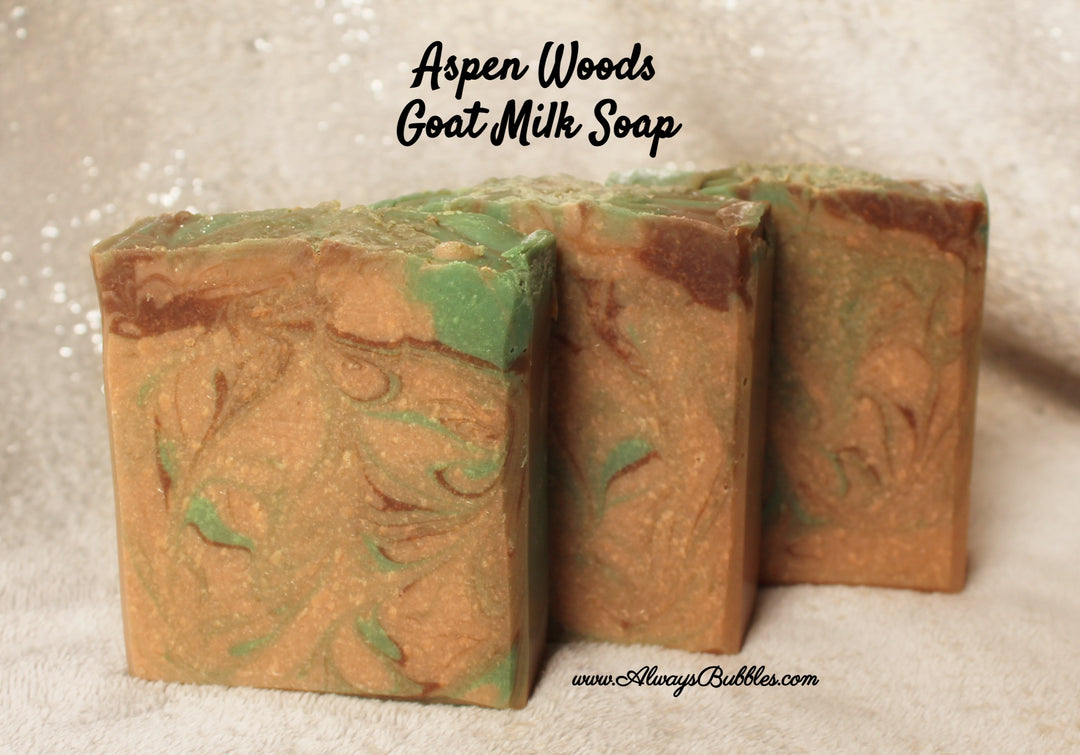 Aspen Woods Goat Milk Soap by Always Bubbles — handmade natural bar soap with goat milk, Shea butter, and oils. Rustic green and brown swirl design inspired by autumn woods. Warm, earthy forest fragrance for fall skincare.
