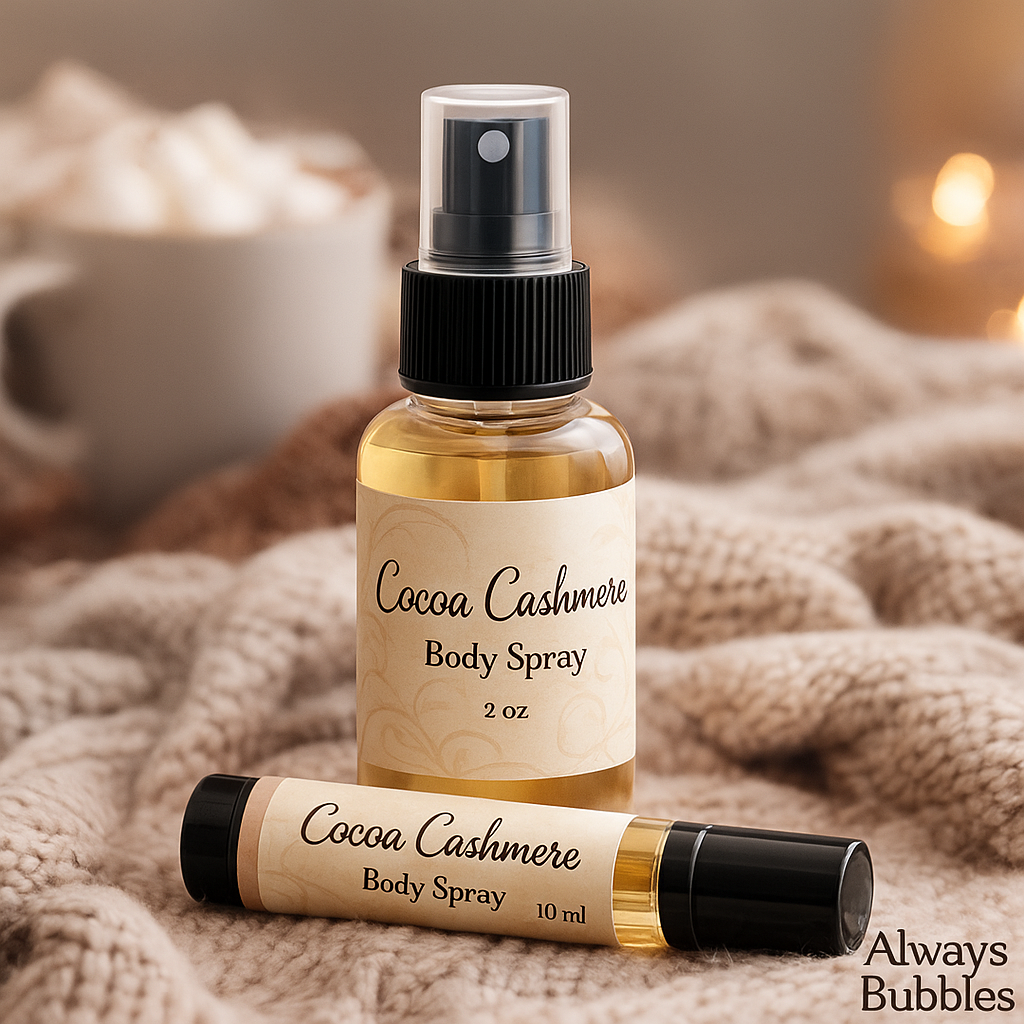 Cocoa Cashmere Body Spray by Always Bubbles with cozy winter knit background and two bottle sizes