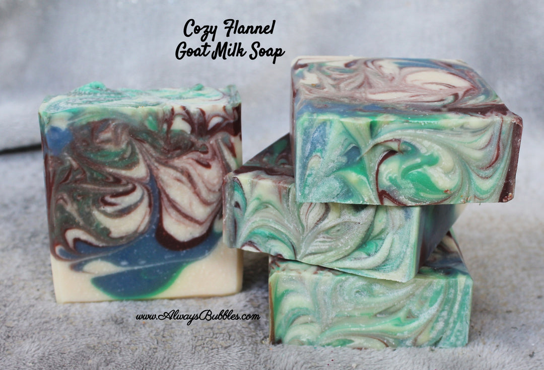 Cozy Flannel Goat Milk Soap by Always Bubbles — handmade goat milk soap with swirls of green, blue, cream, and brown. Warm, woodsy, flannel-inspired fragrance with goat milk, shea butter, and natural oils for moisturizing winter skincare.