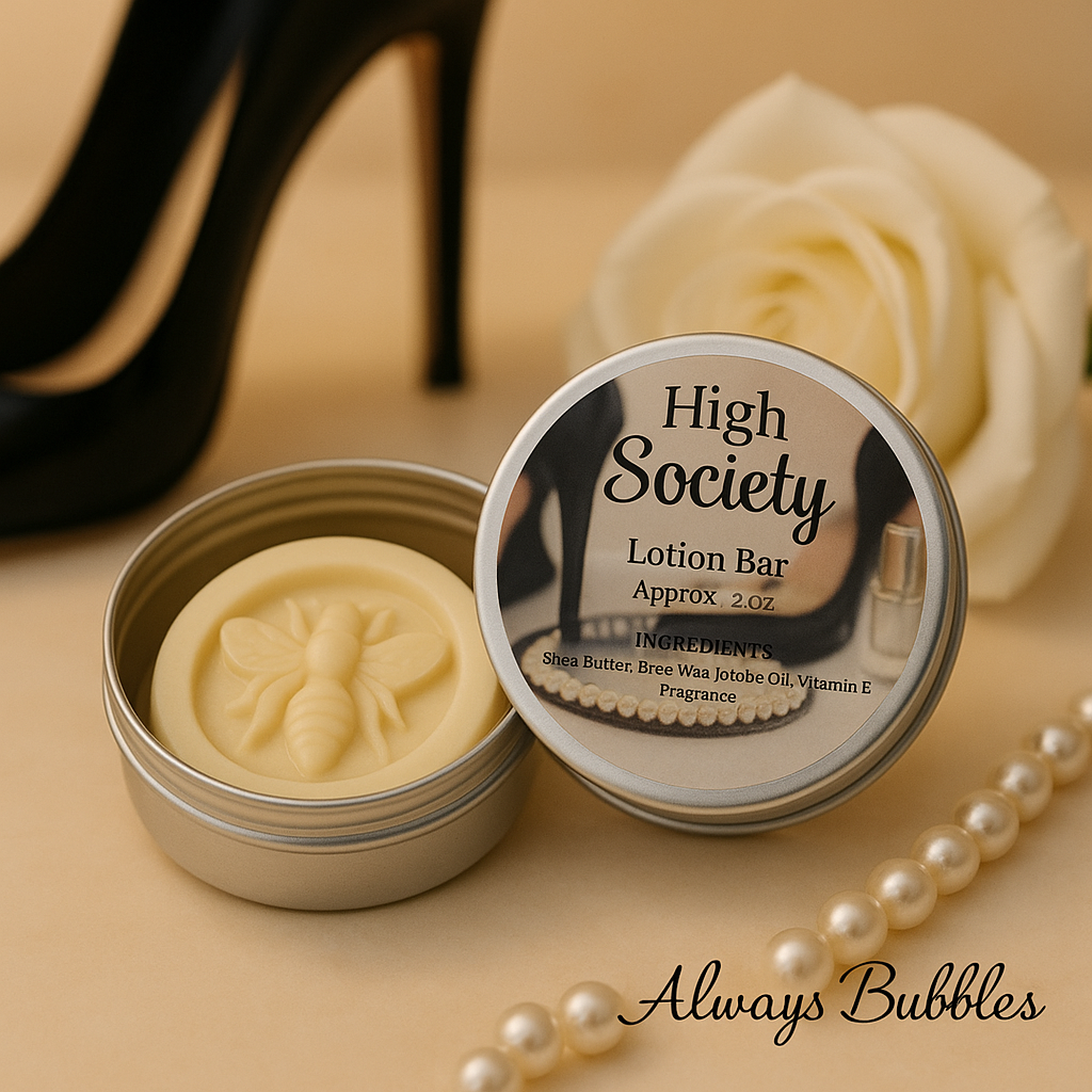 Always Bubbles High Society lotion bar in luxe tin, bee-embossed, styled with black high heels, pearls, and white rose on champagne background — elegant solid moisturizer