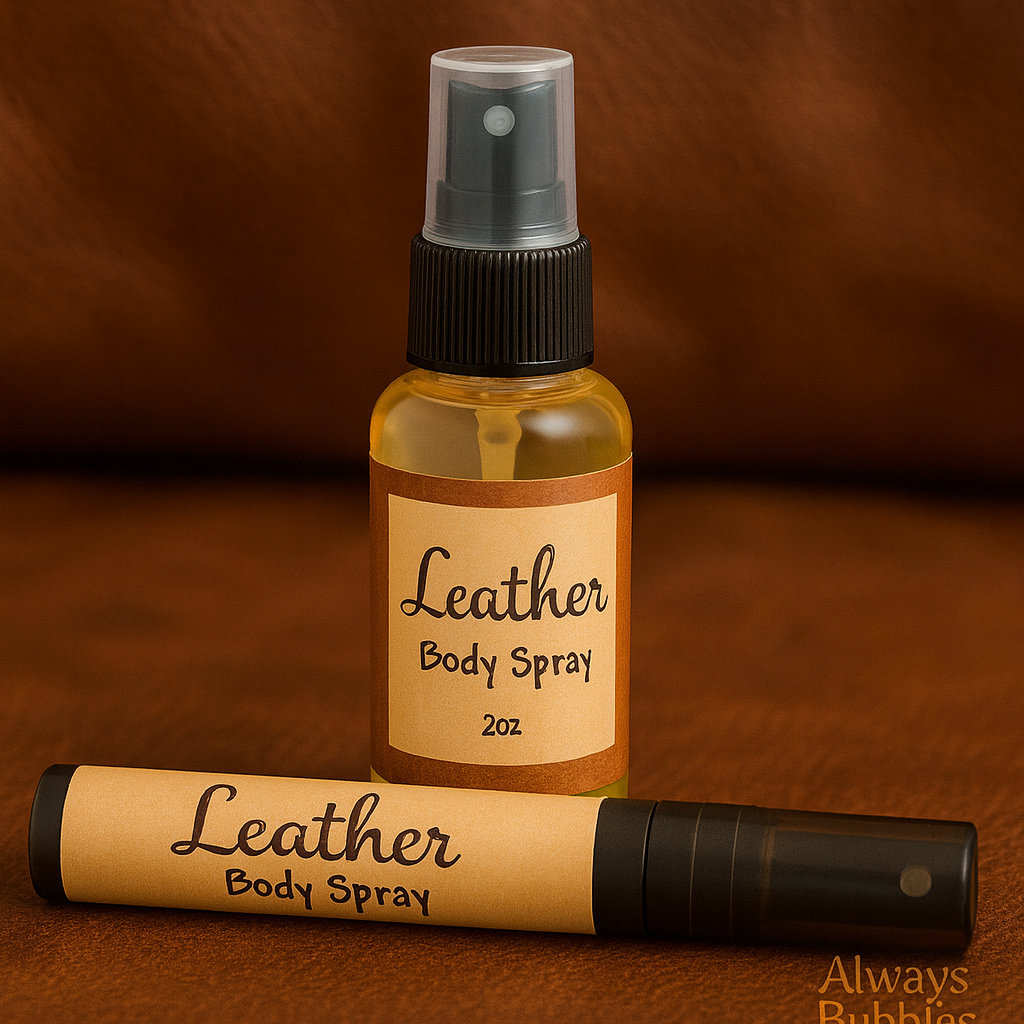 Leather Body Spray by Always Bubbles with 2 oz and 10 ml bottles on saddle leather background.