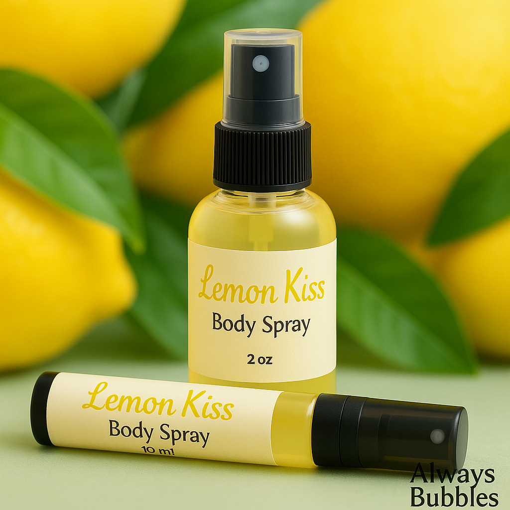 Lemon Kiss Body Spray by Always Bubbles with matching 2 oz and 10 ml bottles and bright lemon background