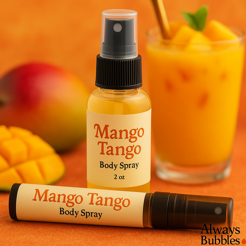 Mango Tango Body Spray by Always Bubbles with real 2 oz and 10 ml bottles and tropical mango drink background