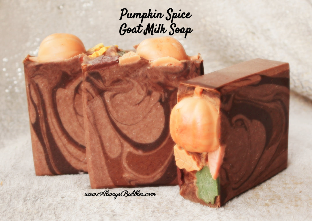 Pumpkin Spice Goat Milk Soap by Always Bubbles — handmade fall soap with creamy goat milk, shea butter, and natural oils. Rich brown swirl bars topped with mini pumpkin and leaf designs. Cozy autumn fragrance of pumpkin, cinnamon, and nutmeg.