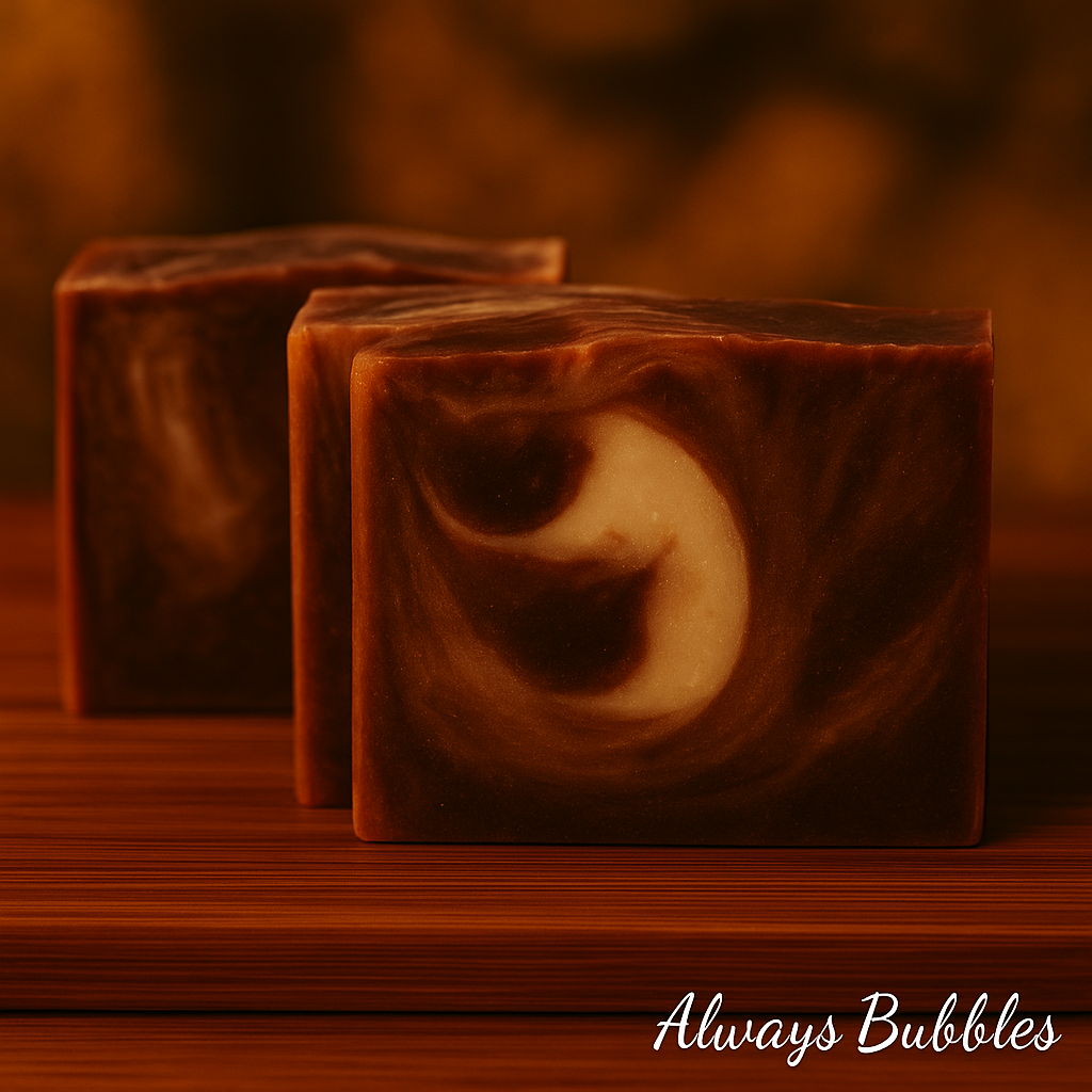 Three handcrafted Sandalwood & Vanilla goat milk soap bars by Always Bubbles displayed on a warm wooden surface with a rich sandalwood-inspired background.