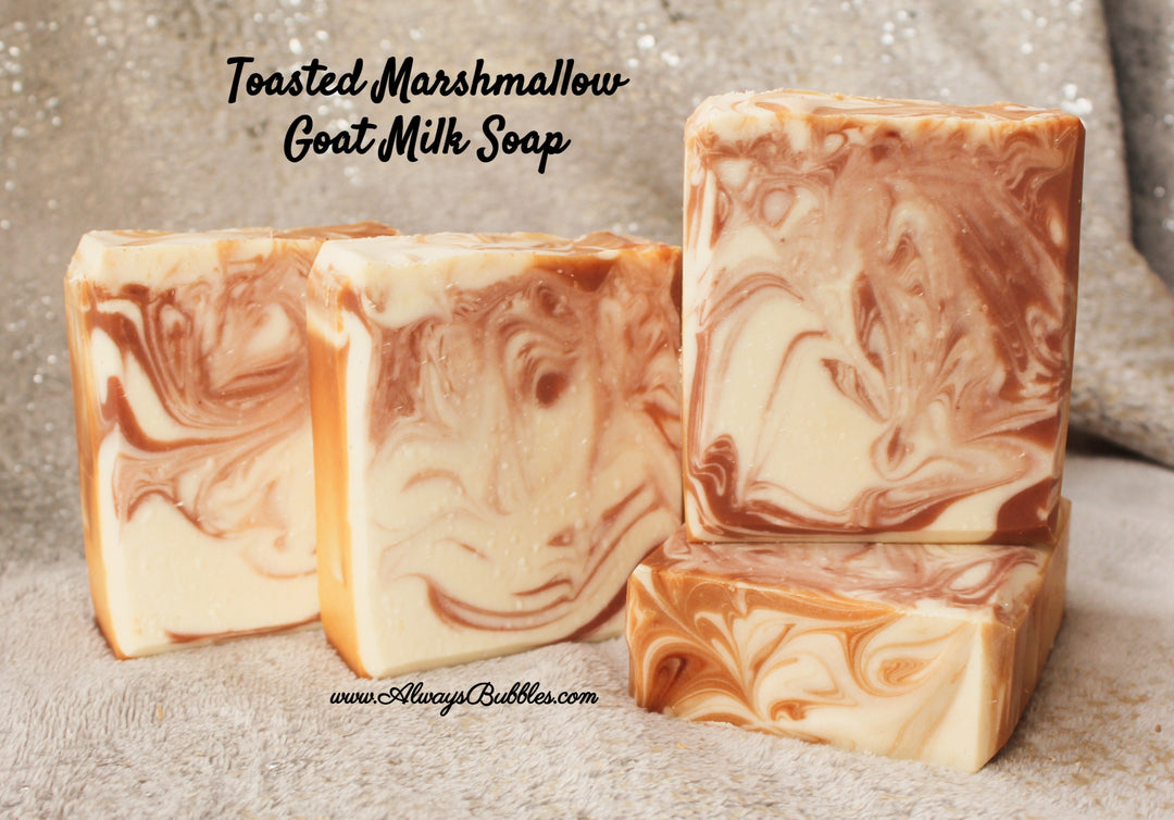 Toasted Marshmallow Goat Milk Soap by Always Bubbles — handmade bar soap with creamy goat milk, shea butter, and natural oils. Swirls of warm caramel brown and cream colors resemble toasted marshmallows. Sweet, cozy fragrance perfect for winter skincare.